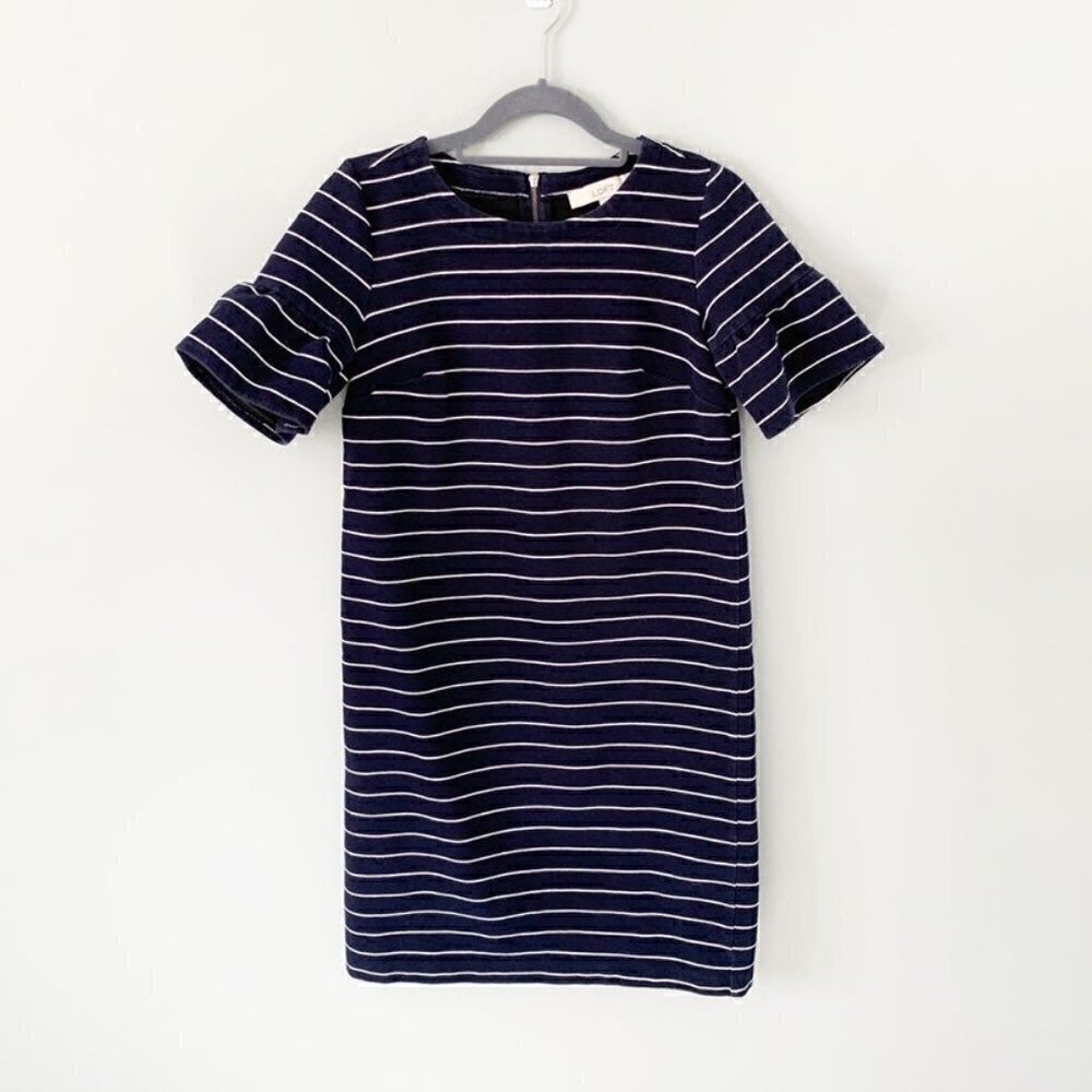 LOFT Navy Blue White Striped Ruffle Sleeve Ribbed Shift Dress XS Extra Small‎